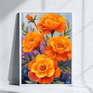 Orange Marigolds   October Flower Watercolor Poster