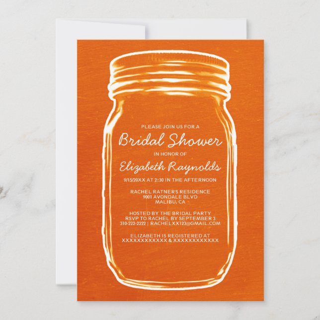 Orange Mason Jar Bridal Shower Invitations (Front)