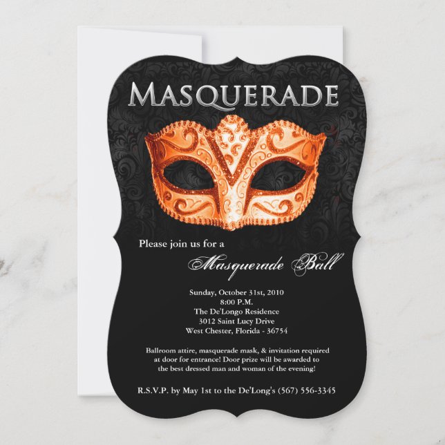 Orange Masquerade Ball Mask Costume Halloween Part Invitation (Front)