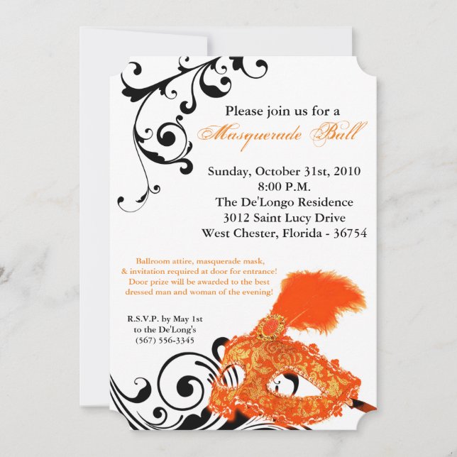 Orange Masquerade Ball Mask Costume Halloween Part Invitation (Front)