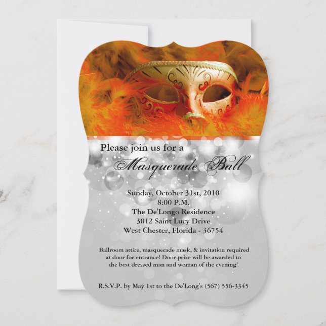 Orange Masquerade Ball Mask Costume Halloween Part Invitation (Front)