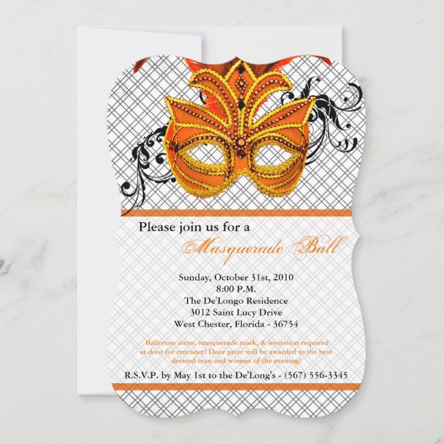Orange Masquerade Ball Mask Costume Halloween Part Invitation (Front)