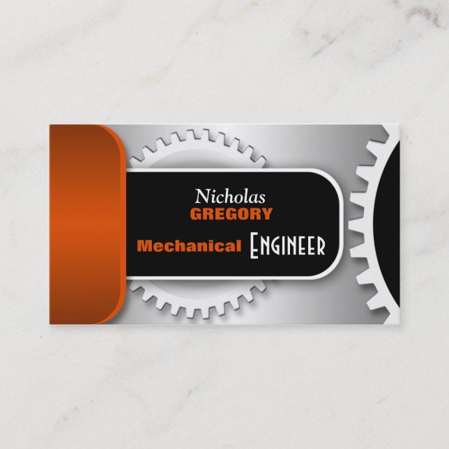 Orange Mechanical Engineer Gear Business Cards (Front)