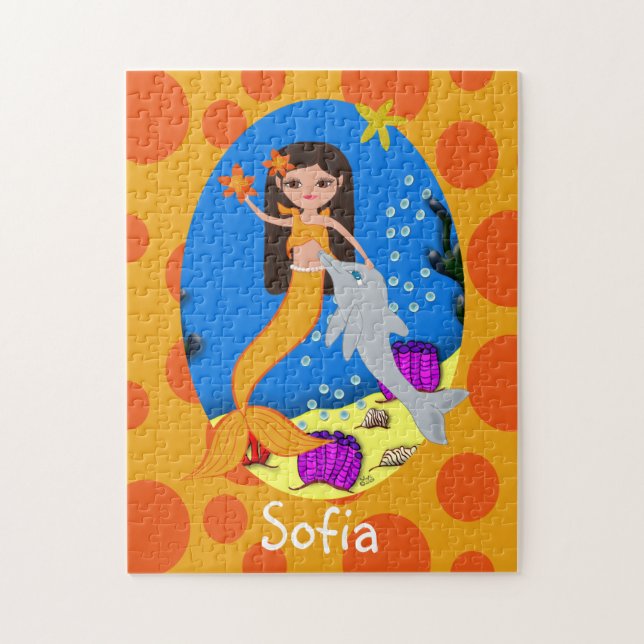 Orange Mermaid in the Ocean with a Dolphin Jigsaw Puzzle (Vertical)