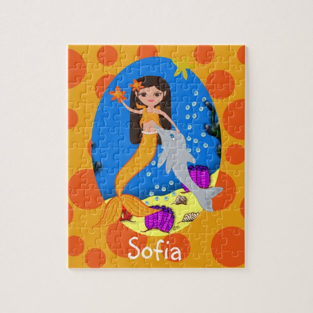 Orange Mermaid in the Ocean with a Dolphin Jigsaw Puzzle (Vertical)