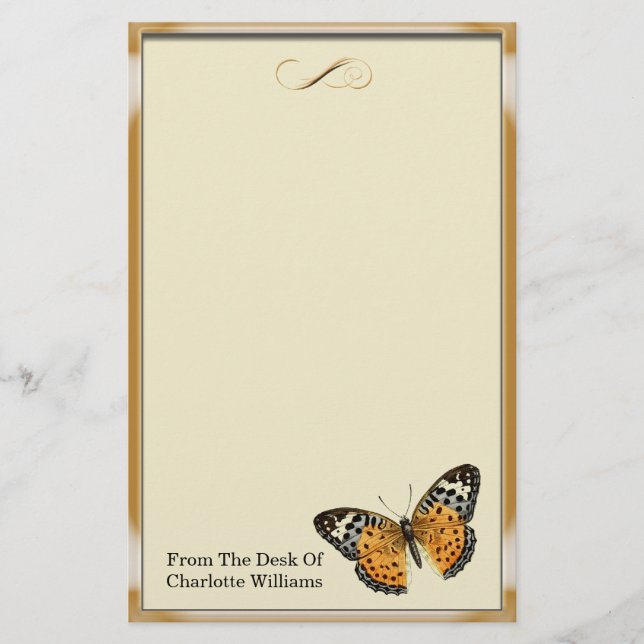 Orange Metallic Butterfly Stationery (Front)