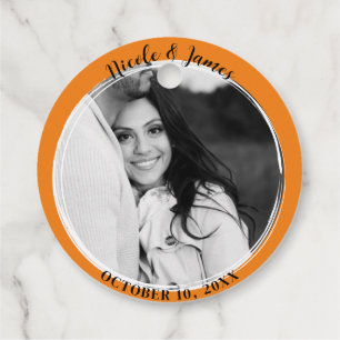 Orange Minimal Trendy Round Photo Wedding Favour Favour Tags
