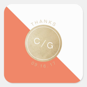 Orange minimalist modern monogram thank you square sticker