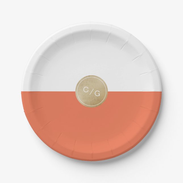 Orange minimalist modern wedding monogram paper plate (Front)