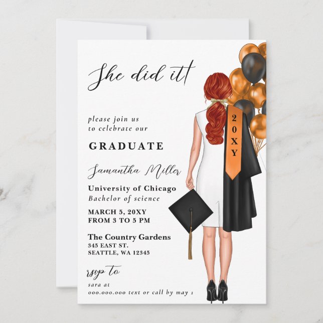 Orange Minimalist Photo She Did It Graduation Invitation (Front)