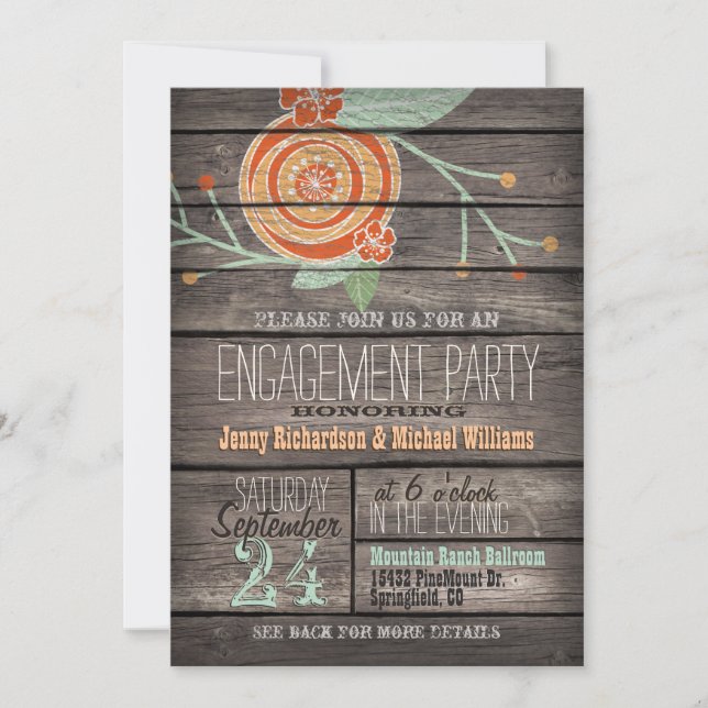 Orange & Mint Green; Rustic Engagement Party Invitation (Front)