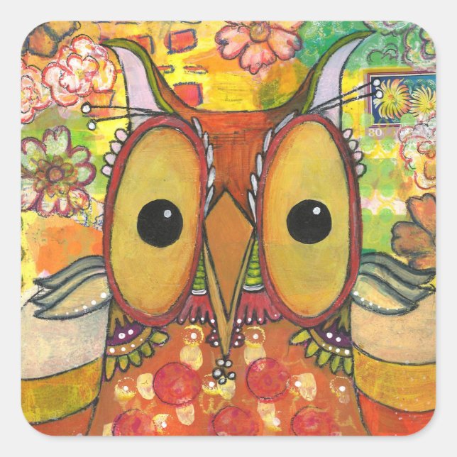 Orange Mixed Media Owl Square Sticker (Front)