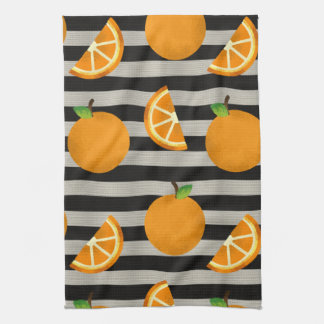 Orange Modern Black & White Stripes Tea Towel