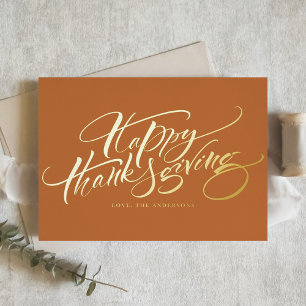 Orange Modern Calligraphy Happy Thanksgiving Foil Holiday Card