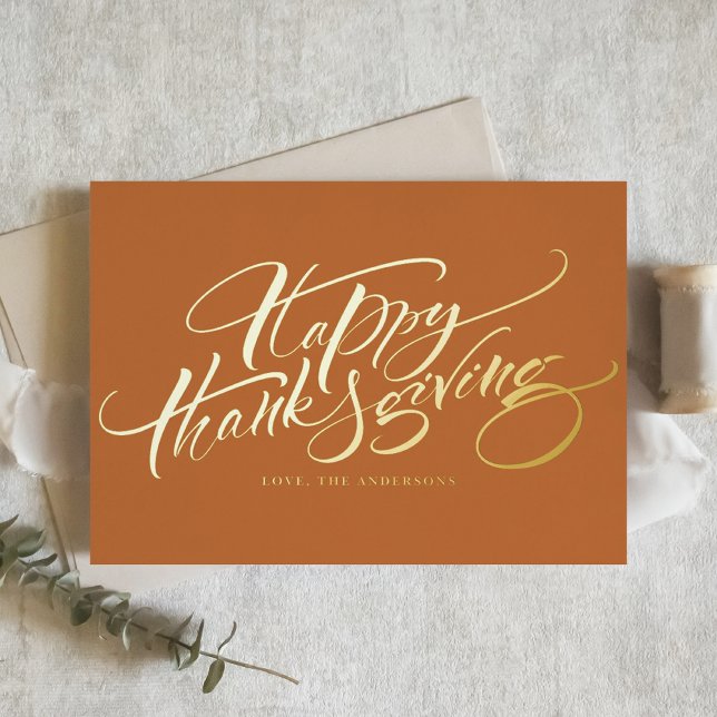 Orange Modern Calligraphy Happy Thanksgiving Foil Holiday Postcard (Creator Uploaded)