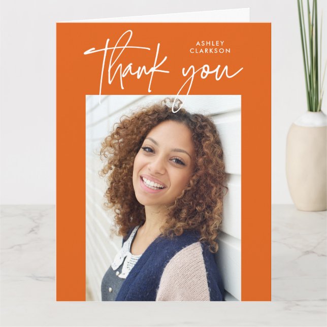 Orange Modern Calligraphy Photo Graduation Folded Thank You Card (Front)