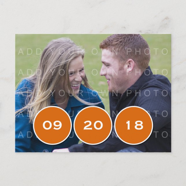 Orange Modern Circles Photo Save the Date Postcard (Front)