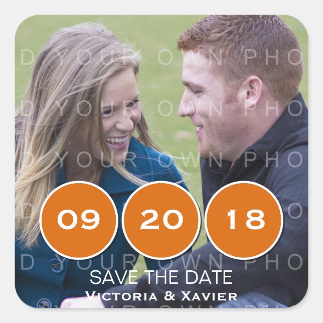 Orange Modern Circles Photo Save the Date Stickers (Front)