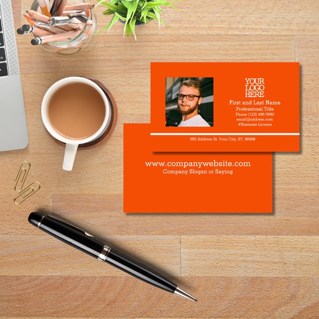 Orange Modern Company Logo Employee Photo Business Card (Creator Uploaded)
