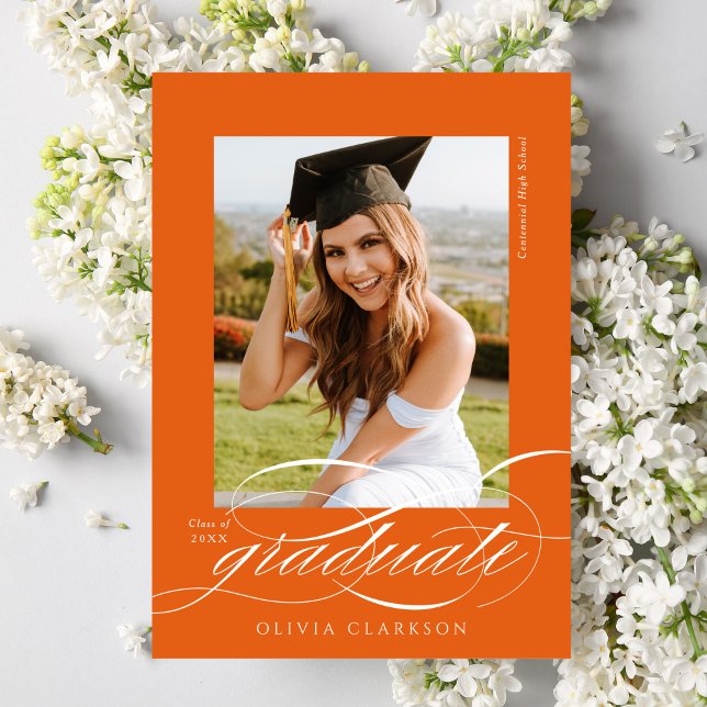 Orange Modern Elegant Script Photo Graduation Announcement (Creator Uploaded)