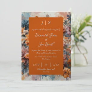 orange Modern floral wedding  invitation