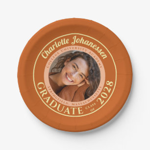 Orange Modern Photo Graduation Party Paper Plate