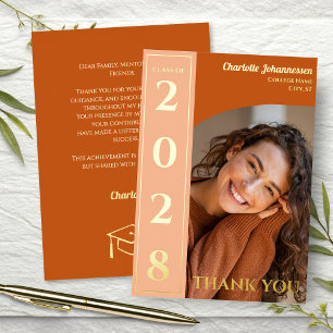 Orange Modern Photo Graduation Thank You Gold Foil Holiday Card