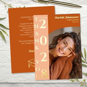 Orange Modern Photo Graduation Thank You Gold Foil Holiday Card