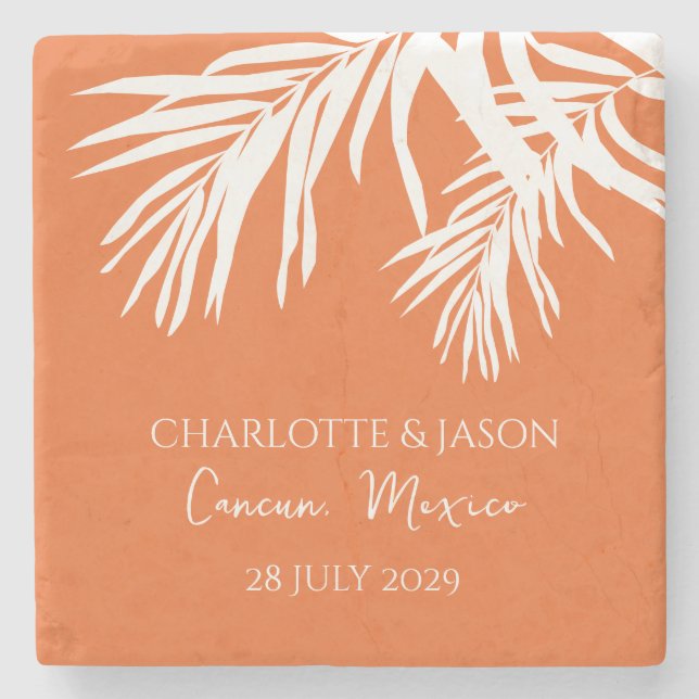 Orange  Modern Tropical Leaves Custom Wedding      Stone Coaster (Front)