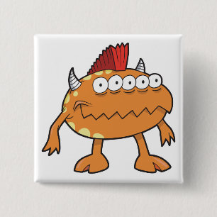 orange mohawk monster many eyes 15 cm square badge