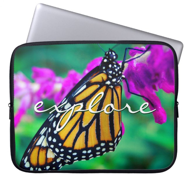 Orange Monarch Butterfly Explore Script Modern Laptop Sleeve (Front)