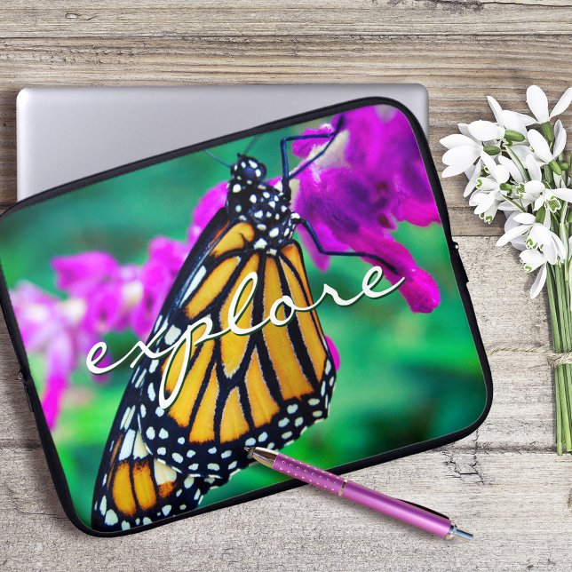 Orange Monarch Butterfly Explore Script Modern Laptop Sleeve (Creator Uploaded)