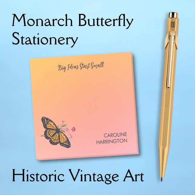 Orange Monarch Butterfly Gold Sunrise Inspiring Post-it Notes (These elegant Post-It notes feature a Victorian butterfly against a golden sunrise.)