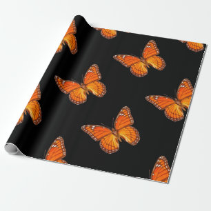 ORANGE MONARCH BUTTERFLY ON BLACK COLOR WRAPPING PAPER