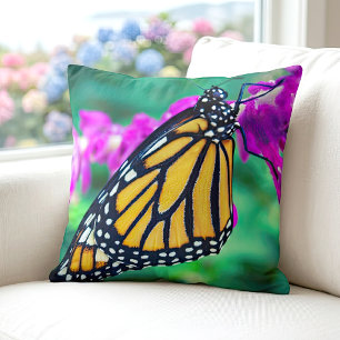 Orange monarch butterfly photo purple flower bold cushion