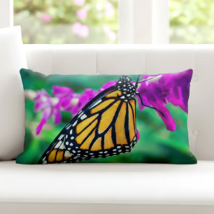 Orange monarch butterfly photo purple flower bold lumbar cushion