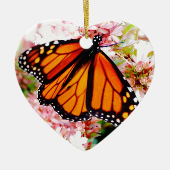 Orange Monarch on pink flowers Ceramic Ornament (Front)
