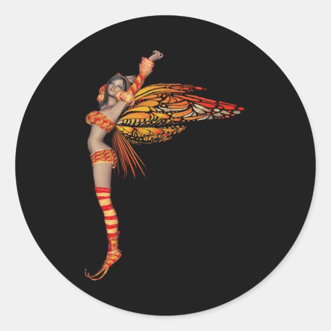 Orange Monarch Pixie Butterfly Fairy 2 - Classic Round Sticker (Front)
