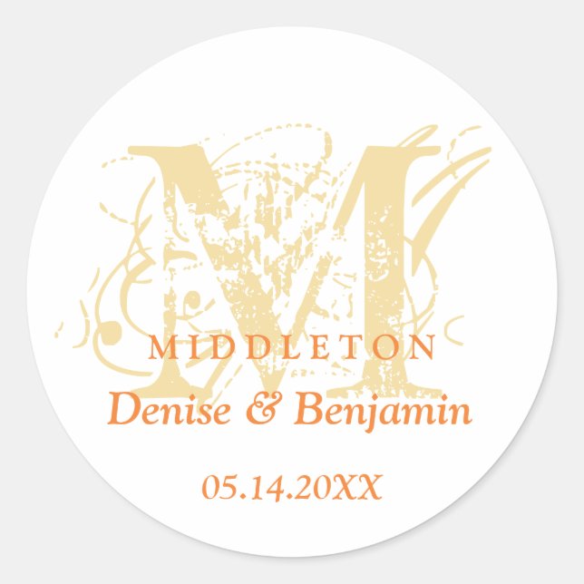 Orange monogram antique chic label wedding favour (Front)