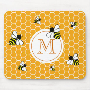 Orange Monogram Bees Honeycomb Pattern Mouse Pad