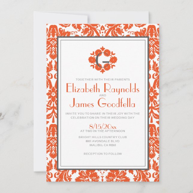 Orange Monogram Damask Wedding Invitations (Front)