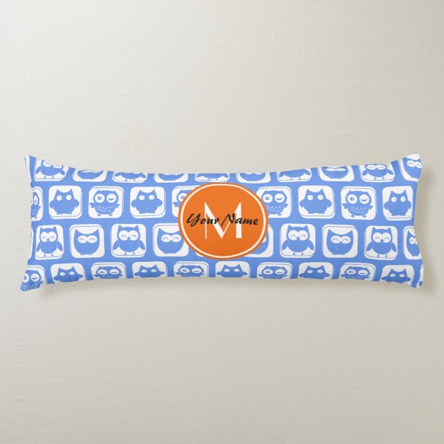 Orange Monogram Personalised Name Blue Owls Body Cushion (Front)
