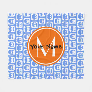 Orange Monogram Personalised Name Blue Owls Fleece Blanket