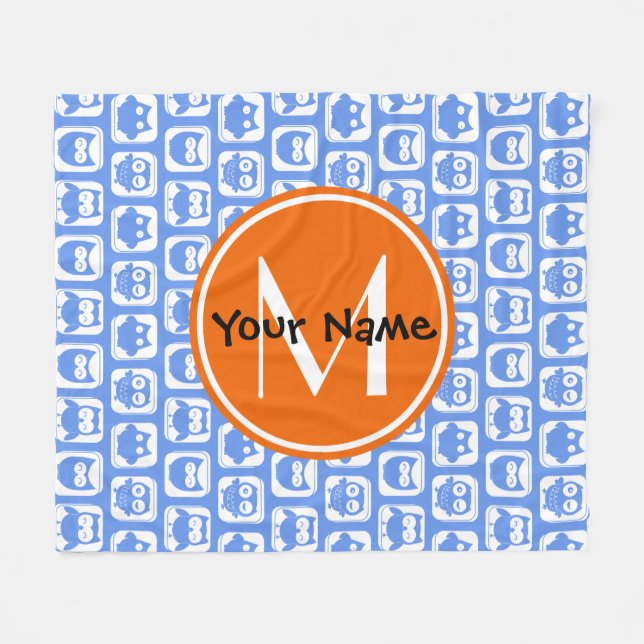 Orange Monogram Personalised Name Blue Owls Fleece Blanket (Front (Horizontal))