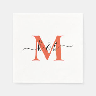 Orange Monogram Swash Script White Cocktail Napkin