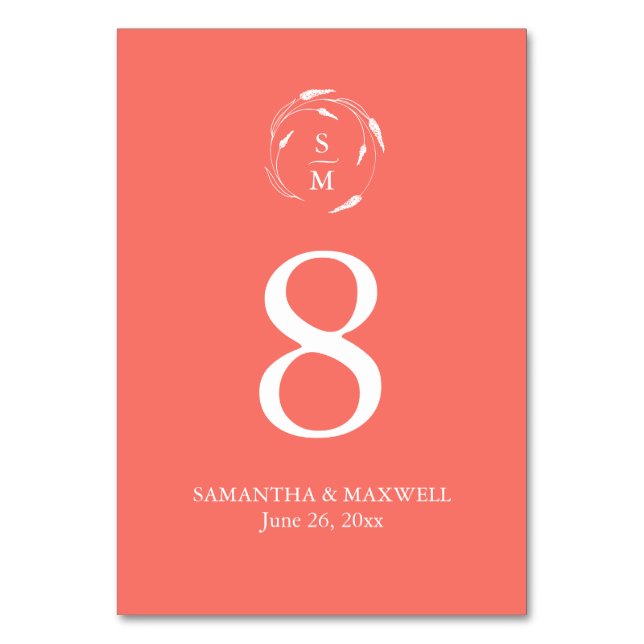 Orange Monogram Wedding Table Number Card (Front)