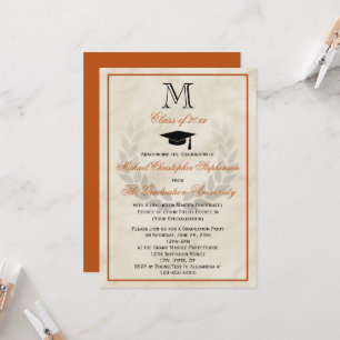 Orange Monogram Wreath Classic College Graduation Invitation