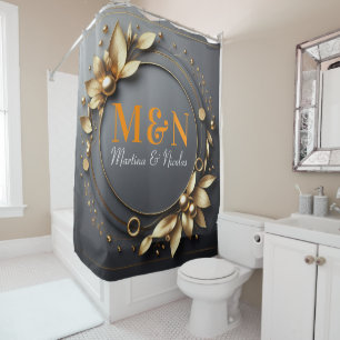 Orange Monogrammed Modern Script Wedding Grey Shower Curtain