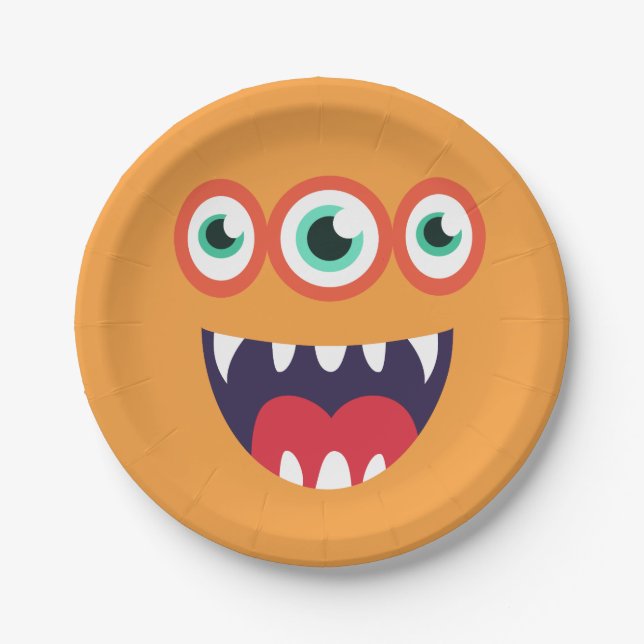 Orange Monster Face Paper Plate (Front)