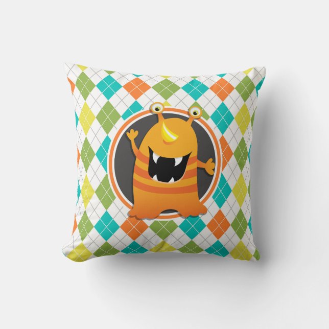 Orange Monster on Colourful Argyle Pattern Cushion (Front)